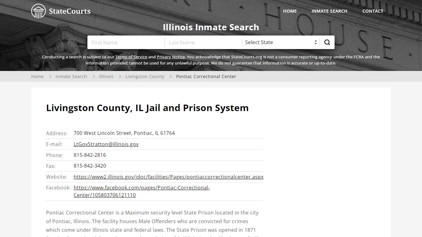 Pontiac Correctional Center Inmate Records Search, Illinois - StateCourts